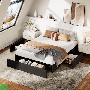 Queen/ Full/King Bed Frame with 3 Storage Drawers Fabric Upholstered Platform Bed Wooden Slats Support No Box Spring Needed - 1 of 4