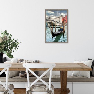 Framed Vertical Cityscape Canvas Print with Gondolas and Bridge, 16 x 23 inches