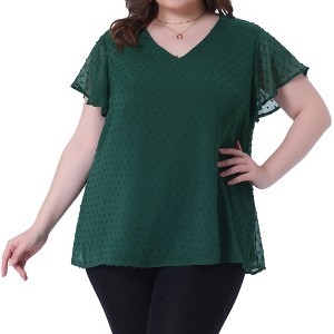 Agnes Orinda Women's Plus Size Swiss Dot V-Neck Tops with Flutter Sleeves - 1 of 4