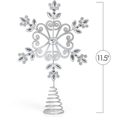 Silver Glitter Floral Snowflake Metal Tree Topper