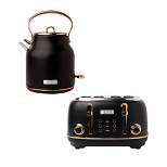 Haden Heritage Stainless Steel Electric Water Tea Kettle with Dorset 4 Slice Wide Slot Stainless Steel Toaster with Tray, Black/Copper