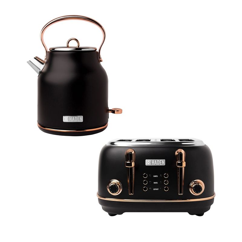 Haden Heritage Stainless Steel Electric Water Tea Kettle with Dorset 4 Slice Wide Slot Stainless Steel Toaster with Tray, Black/Copper, 1 of 7