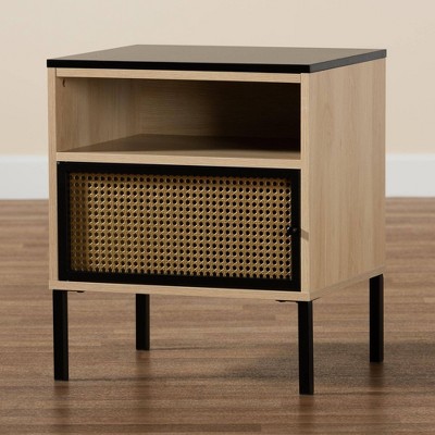 Felton Two-Tone Black Gold Metal and Light Brown Wood End Table with Storage