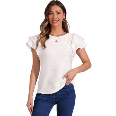 INSPIRE CHIC Women's Crew Neck Ruffle Cap Sleeve Textured Casual Blouse