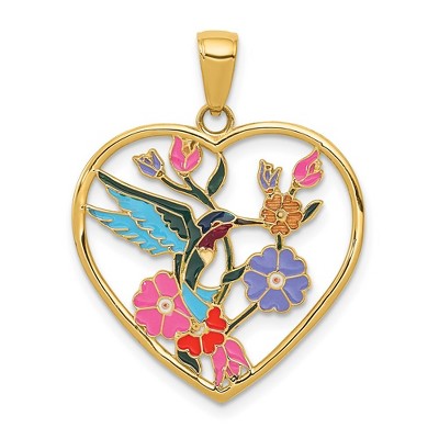 Black Bow Jewelry 14k Yellow Gold 22mm Enameled Hummingbird Heart Pendant