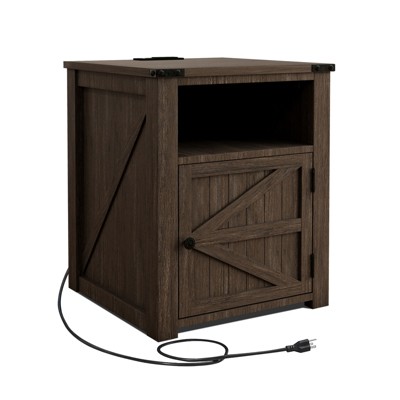 MUUEGM 24" Farmhouse End Table| Nightstand Bedside Table with Charging Station and Door &Storage Shelf