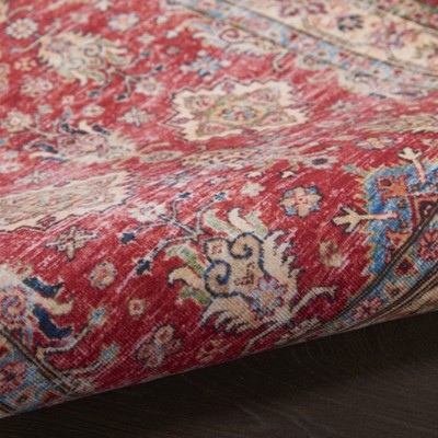 Red and Beige Synthetic Runner Rug with Non-Slip Backing