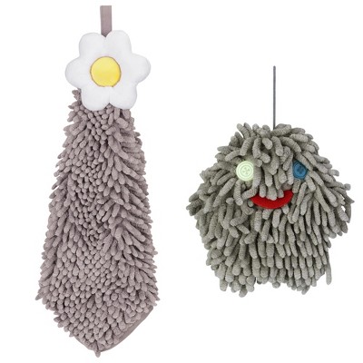 REGALWOVEN 2 Packs Soft Absorbent Flower Pattern Chenille Hand Towel with Loop 6" x 15"/7" x 7"