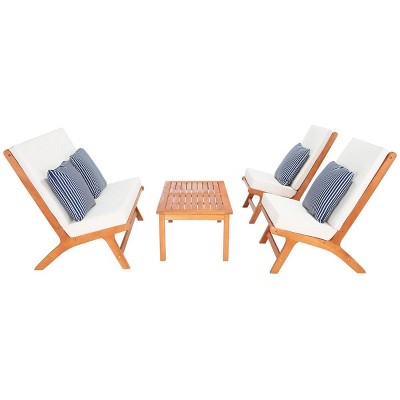 Natural Wood 4-Piece Patio Set with Beige Cushions and Navy Striped Pillows