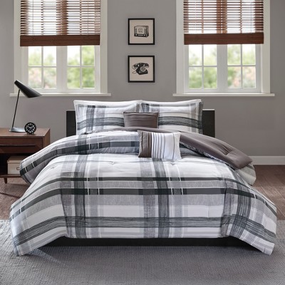 Full Gray Microfiber Reversible Plaid Comforter Set