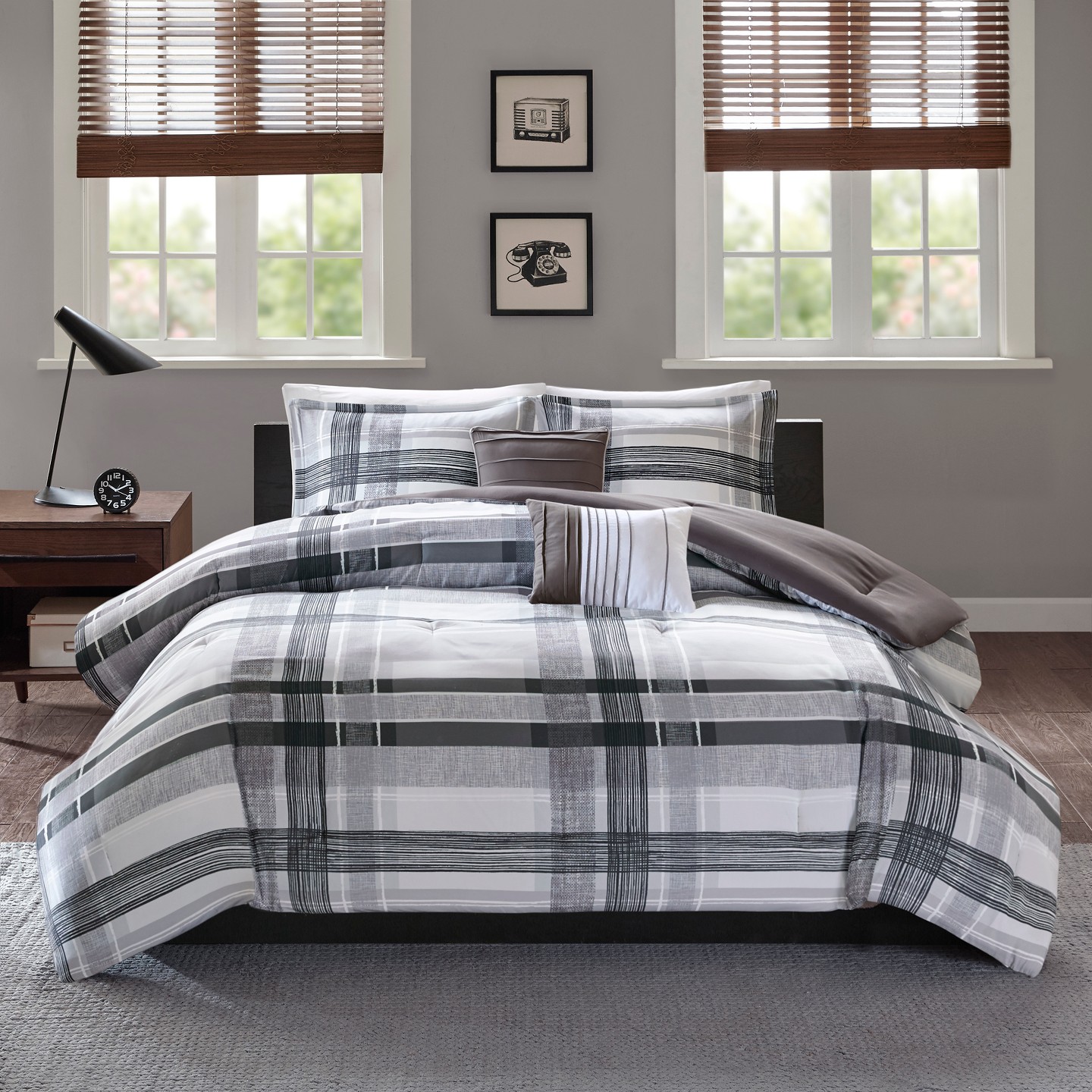 Комплект с одеялом Intelligent Design 5pc Full/Queen Slate Plaid Comforter Set Black: Hypoallergenic Midweight Bedding, Modern Microfiber, Includes Decorative Pillows, цвет: Чёрный — фото 3