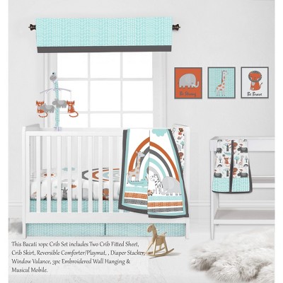 Bacati - Jungle Safari Aqua Orange Gray 10 pc Crib Bedding Set with 2 Crib Fitted Sheets