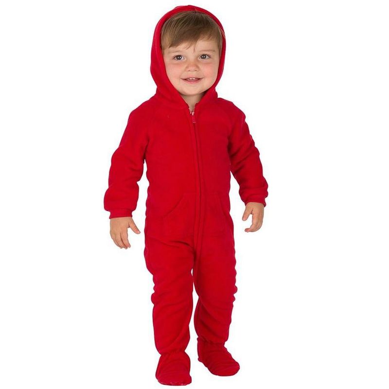 Footed Pajamas - Bright Red Infant Hoodie Fleece Onesie, 1 of 4
