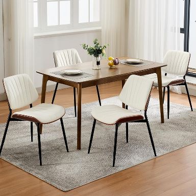 White Dining Chairs Set of Modern Upholstered Retro PU Leather Kitchen Chairs with Walnut Bentwood Back and Metal Legs for Dining Room and Kitchen