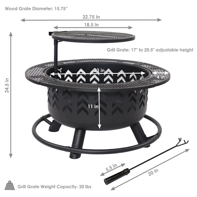 Sunnydaze Arrow Motif Heavy-Duty Steel Fire Pit with Cooking Grate, and PVC Cover - 32-Inch Round - Black, 3 of 9