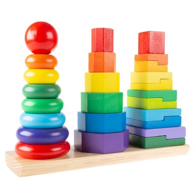 Rainbow Stacking Shapes - Classic Wooden Montessori Manipulation Toy for Babies and Toddlers to Learn Colors, Shapes and Patterns by Toy Time