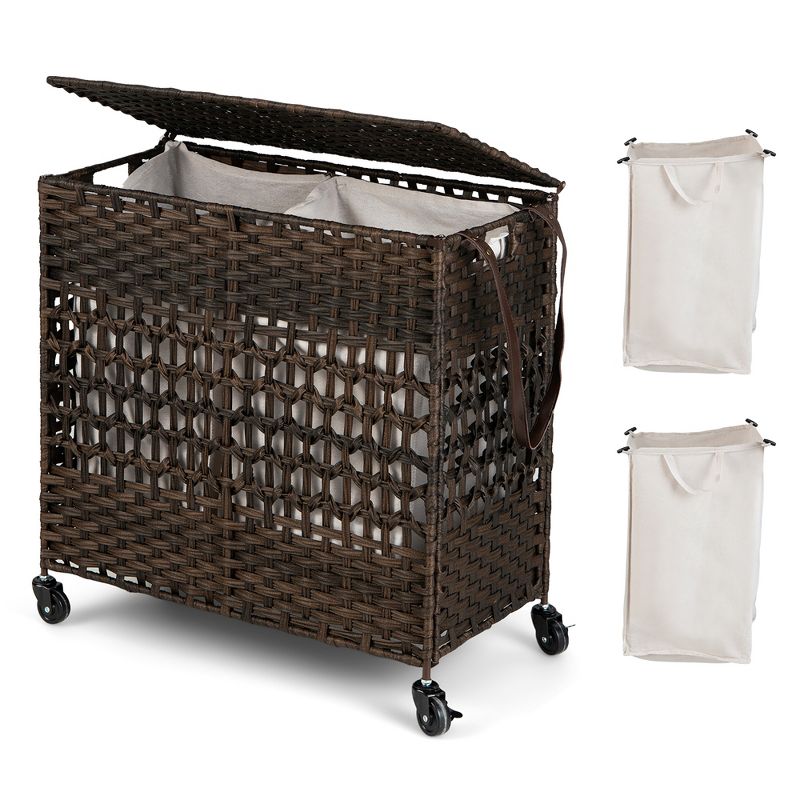 Costway 110L Laundry Hamper with Wheels Clothes Basket Lid & Handle & 2 Liner Bags Natural/Black/Brown, 1 of 11