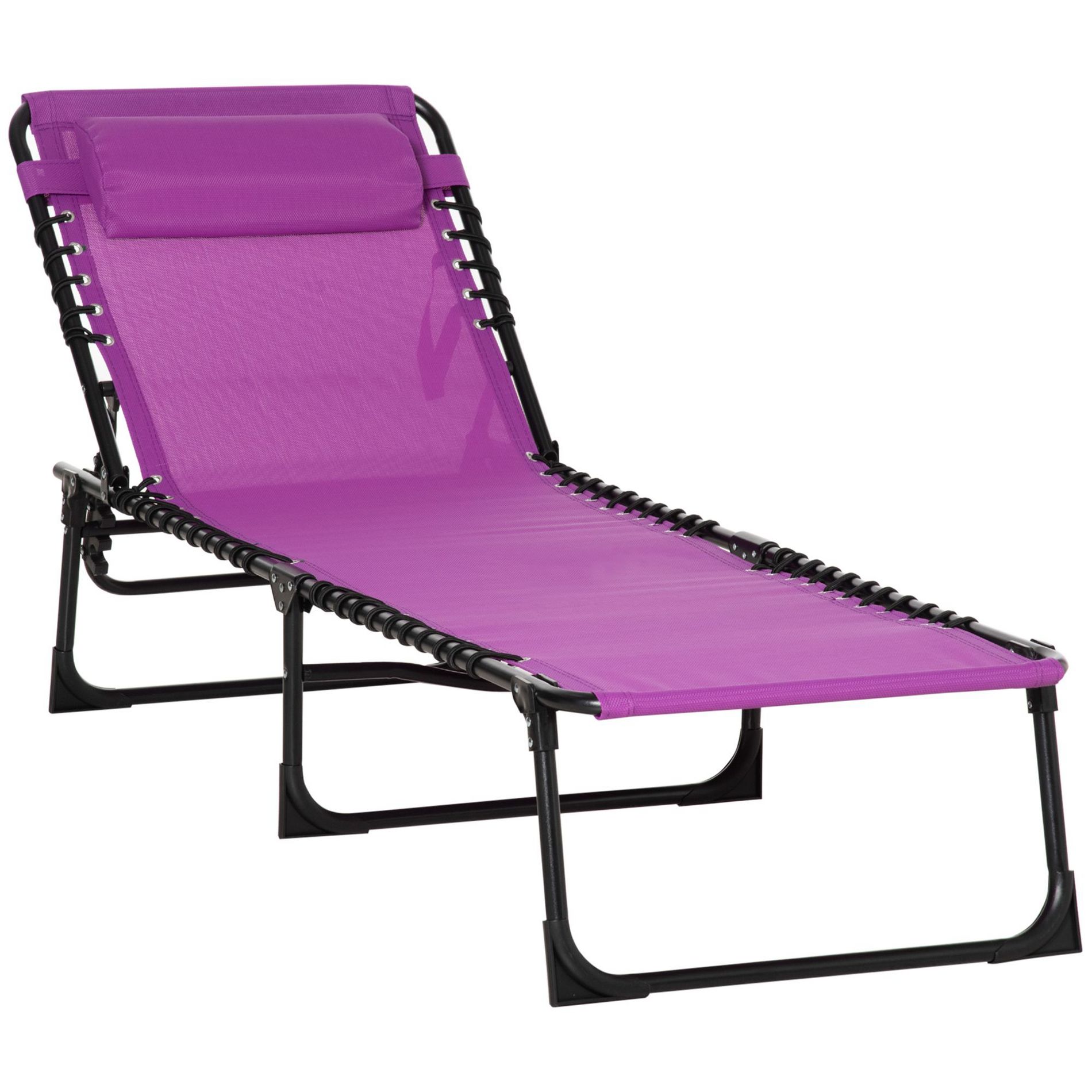 Okak Folding Chaise Lounge Chair with 4-Position Reclining Back, Beach Chair with Pillow, Breathable Mesh & Bungee Seat for Garden, Yard, Purple