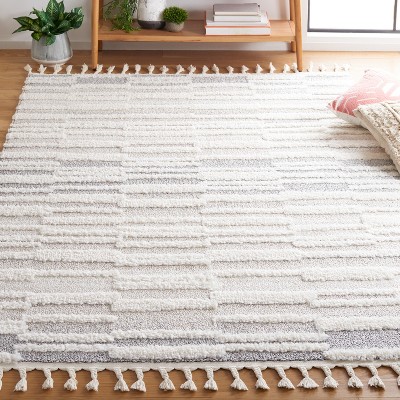 Ivory Diamond Braided Square Shag Rug with Synthetic Fringe