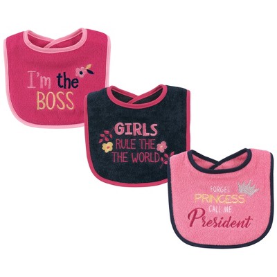 Luvable Friends Baby Girl Cotton Drooler Bibs with Fiber Filling 3pk, Girls Rule, One Size