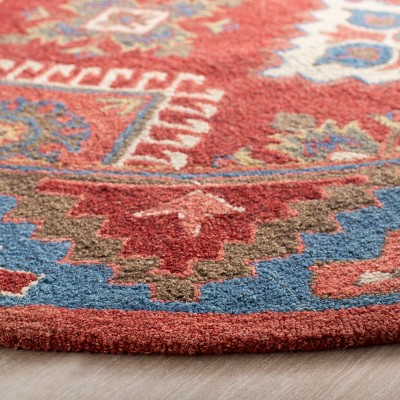Handmade Rustic-Chic Red and Blue Wool Round Rug