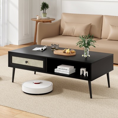 MOEPISY Mid-Century Modern Coffee Table, 47 Inch Rectangle Console Table with Drawer & Shelf, Black