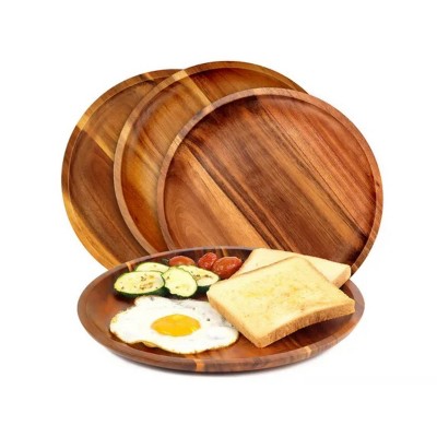 LunaLulinlk Wooden plates (set of 4-11inch) Dinner Plates, Acacia Round Wood Plates, Unbreakable Classic Plates, Easy Cleaning