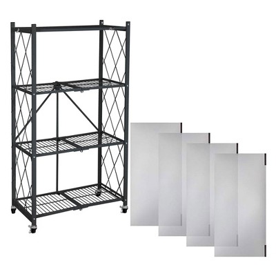 Origami 4 Tier Multipurpose Folding Storage Unit Rolling Organization Rack Bundled with Set of 4 Magnetic Wire Shelf Waterproof Liners, Black