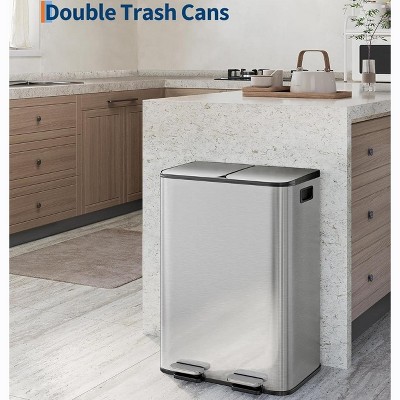 Kitchen Dual Trash Can, Large Step-on Garbage Cans with Soft-Close Lid & Removable Inner Bucket, Fingerprint-Resistant, Odor Proof