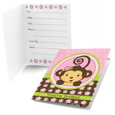 Big Dot of Happiness Pink Monkey Girl - Fill-In Baby Shower or Birthday Party Invitations (8 count)