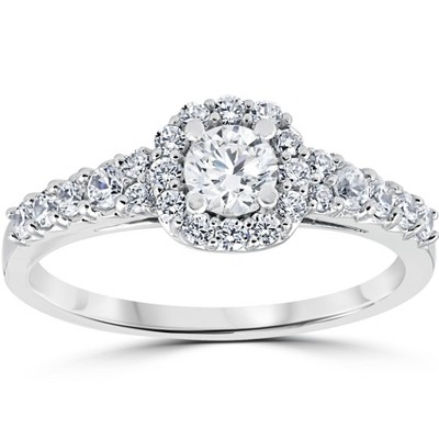 Pompeii3 3/4CT Cushion Halo Round Diamond Engagement Ring 14K White Gold