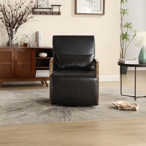 360° Swivel Accent Chair,Black Faux Leather Swivel Arm Chair Barrel Armchair With Pillow And Rattan Armrests Swivel Occasional Chair-Cuddlewood - 1 of 4