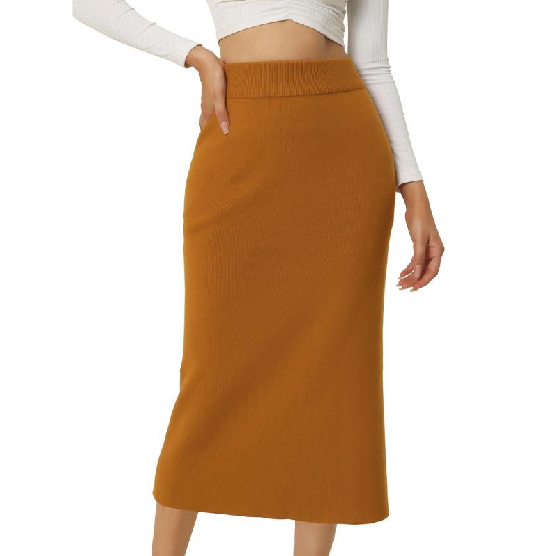 Seta T Women's Elastic High Waist Midi Basic Skirt Slit Hem Stretchy Ribbed Knit Bodycon Midi Skirts, 1 of 6
