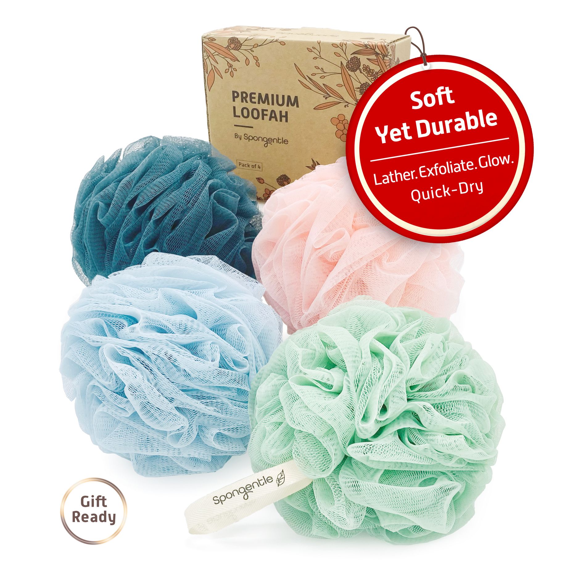 Spongentle Premium Loofah Bath Sponge, Pack of 4. Bath & Shower, Exfoliating Scrubber, Beautiful Colors for All.