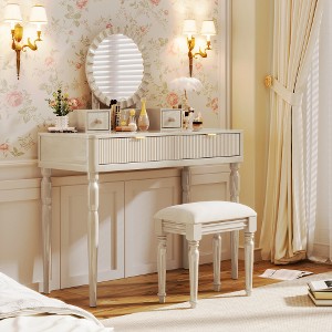 Luxury Vanity Desk with Round Mirror,Height-Adjustable, Stylish Dressing Table Set, 4 Drawers & Stool - 1 of 4