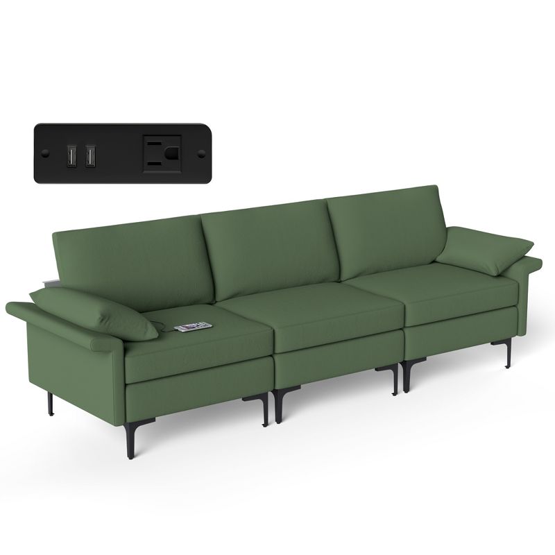 Costway Modern Modular Fabric 3-Seat Sofa Couch w/ Socket USB Ports & Metal Legs Red\Green, 1 of 10
