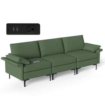 Costway Modern Modular Fabric 3-Seat Sofa Couch w/ Socket USB Ports & Metal Legs Red\Green