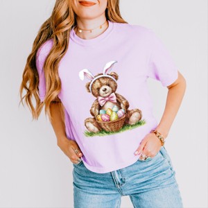 Teddy Bear Easter Basket Watercolor - Women's Boxy Crop Top Graphic T-Shirt - 1 of 4
