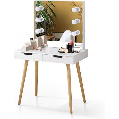 Vanity Table with 6 LED Light Makeup Mirror 2 Drawers USB Port Makeup Dressing Desk for Small Spaces Bedside,for Women Girls