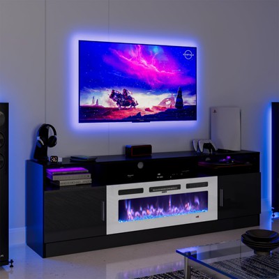 AOXUN 70" Fireplace TV Stand for TVs Up to 80", LED Light Entertainment Center with 36" Fireplace, Storage Cabinet, Media Console Table, Black