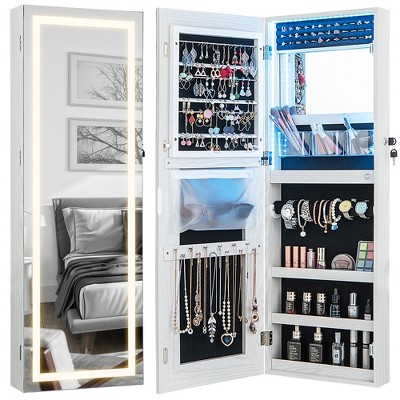 Tangkula LED Mirror Jewelry Cabinet Wall/Door Mounted Organizer Armoire w/ 3 Color Light