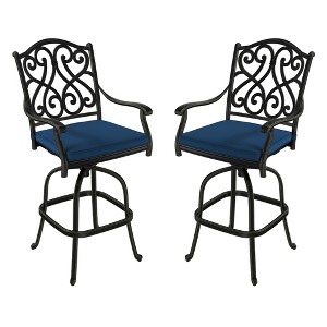 CLIHOME Cast Aluminum Patio Vintage Carved Backrest High Bar Chair with Sofa Cushions(Set of 2) - 1 of 4