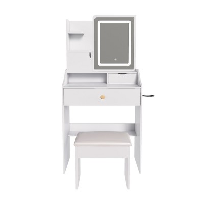 TopComfy Makeup Mirrors Vanity Mirror with Stool Dressing Table 2 Drawers 5 Storage Cabinets Adjustable for Bedroom, White, 35.43"*18.9"*9.06"