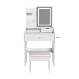 TopComfy Makeup Mirrors Vanity Mirror with Stool Dressing Table 2 Drawers 5 Storage Cabinets Adjustable for Bedroom, White, 35.43"*18.9"*9.06" - 1 of 4