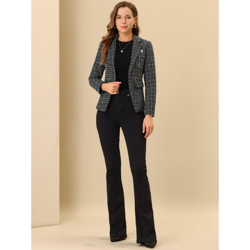 Allegra K Women's Elegant Long Sleeve Open Front Buttons Decor Plaid Tweed Blazer, 3 of 7