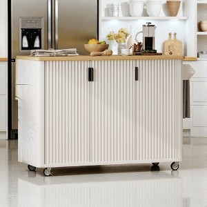 Mshliw 51" Rolling Kitchen Island with Drop Leaf, Fluted Door Panels, Storage Cabinets, and Towel Rack, Mobile Kitchen Cart for Dining Room - 1 of 4