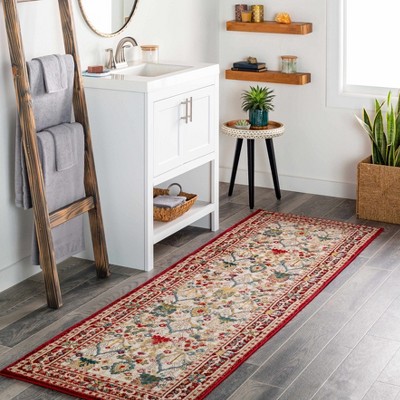 Goff Burgundy and White Floral Synthetic Rectangular Area Rug