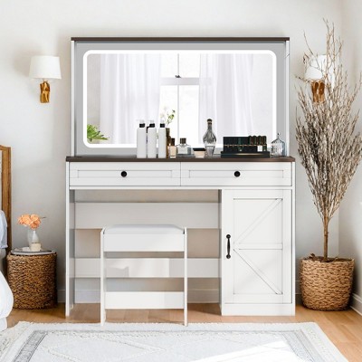 NicBex Minimalist Vanity Desk with Large LED Mirror & Visual Glass Top - Modern Makeup Table with Cushioned Stool for Small Spaces/Gifts