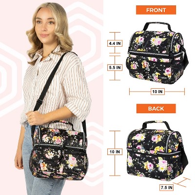 Floral Black Insulated Dual Compartment Lunch Tote Bag
