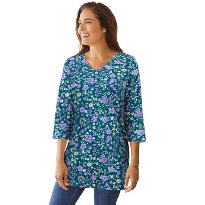 Woman Within Plus Size Perfect Printed Three-Quarter-Sleeve V-Neck Tunic